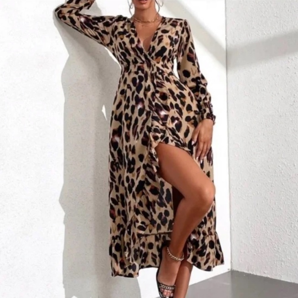 Boho Camel Leopard Print Wrap Ruffle Hem Maxi Dre… - image 4